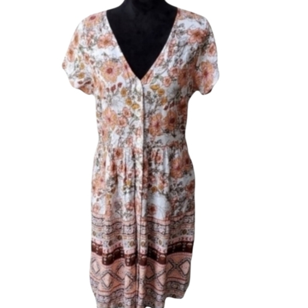 Derek Heart Dress Womens size L floral button floral fall colors orange white